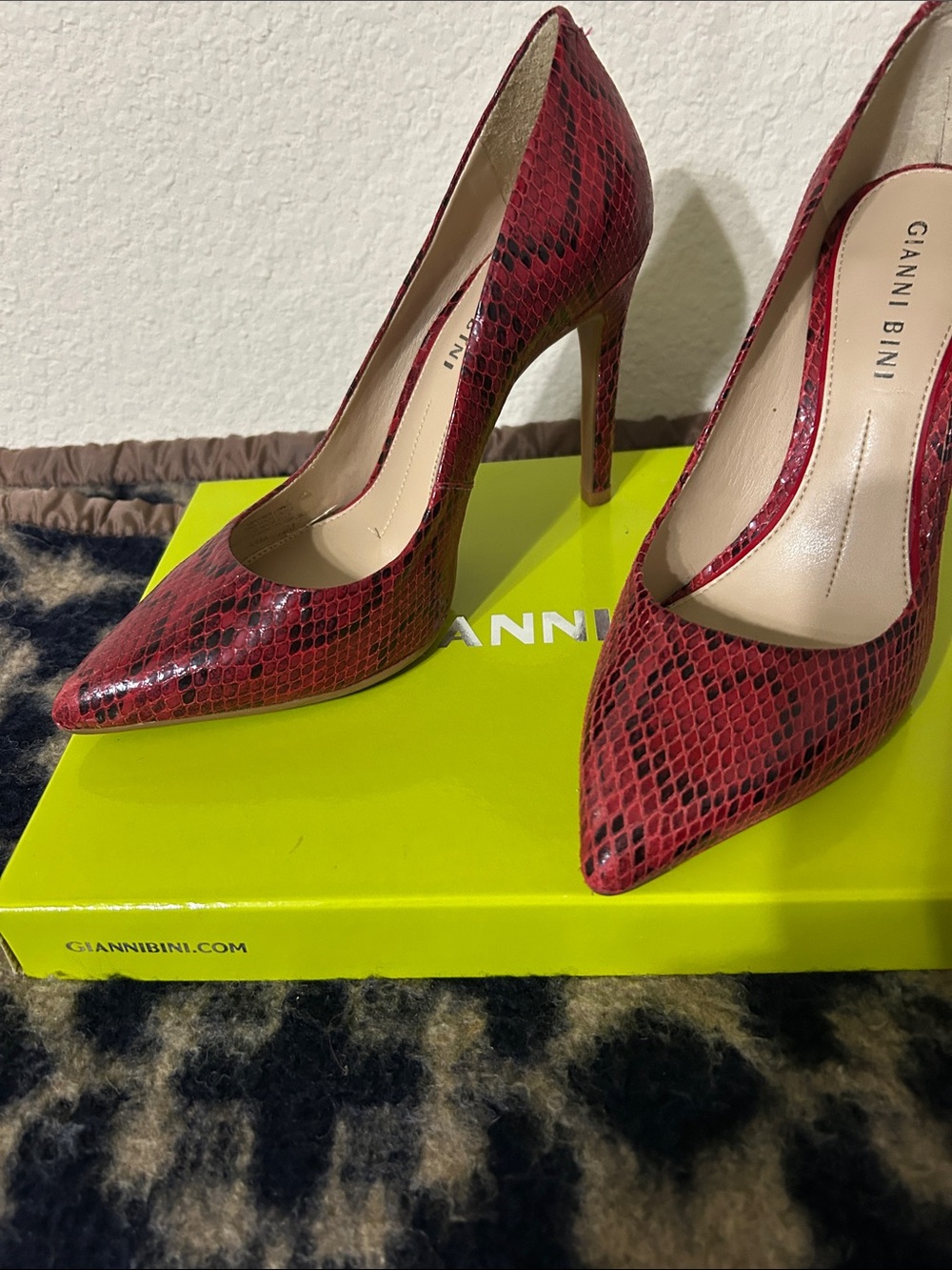 Gianni Bini Red Snake-Print Pointed Toe Stilettos